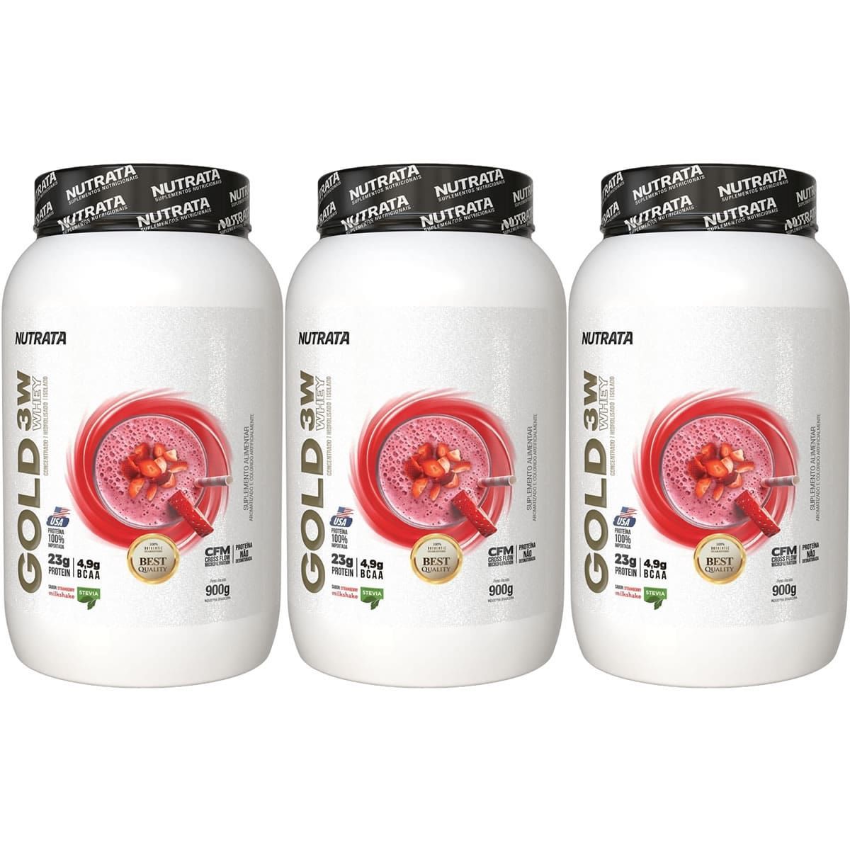 Kit 3X Gold Whey 3W - 900g MilkShake de Morango - Nutrata