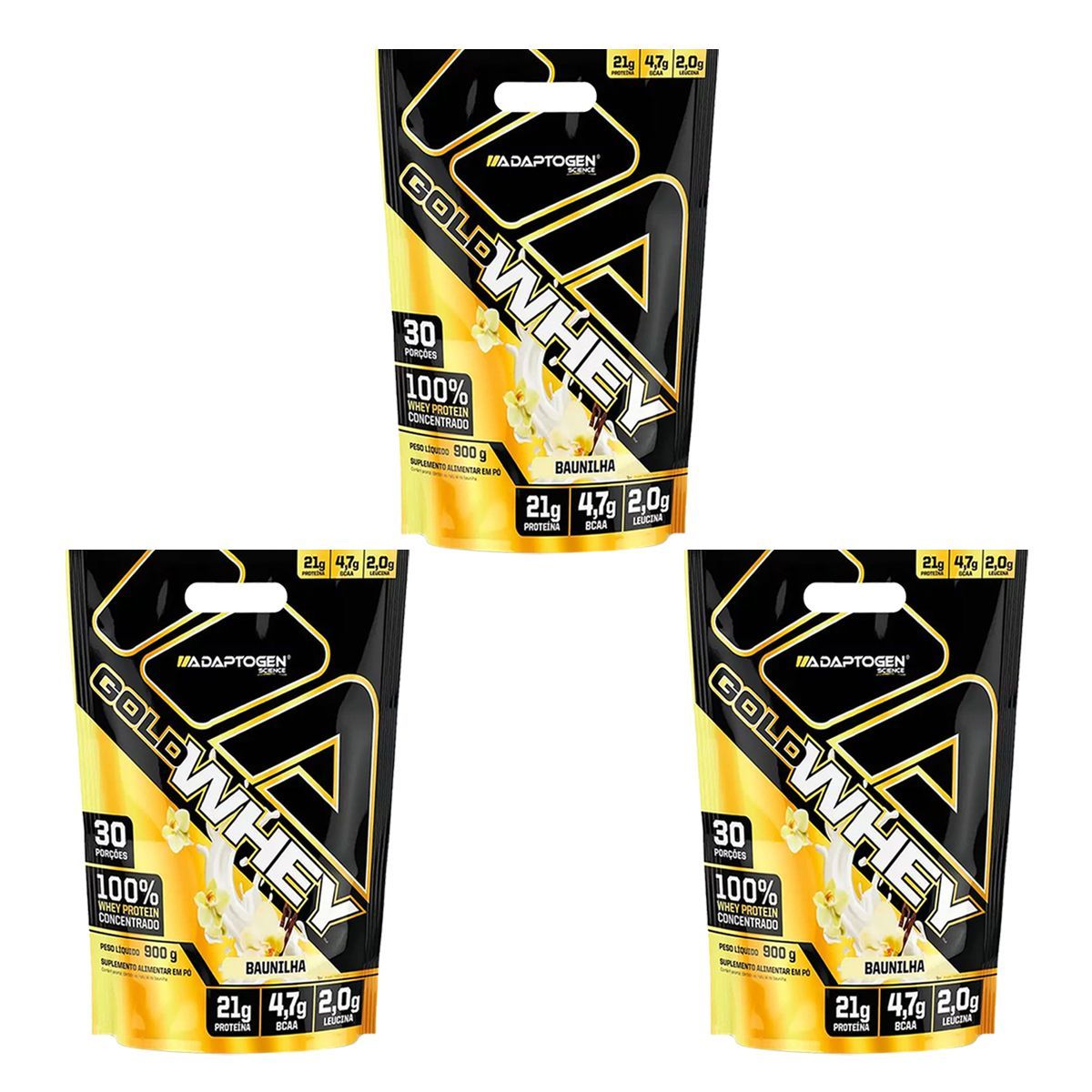 Kit 3X Gold Whey - 900g Refil Baunilha - Adaptogen