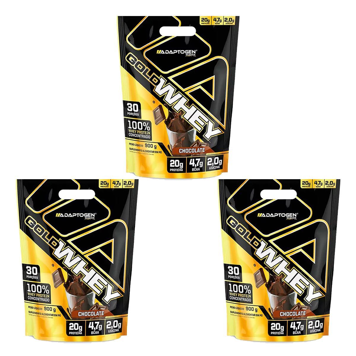 Kit 3X Gold Whey - 900g Refil Chocolate - Adaptogen