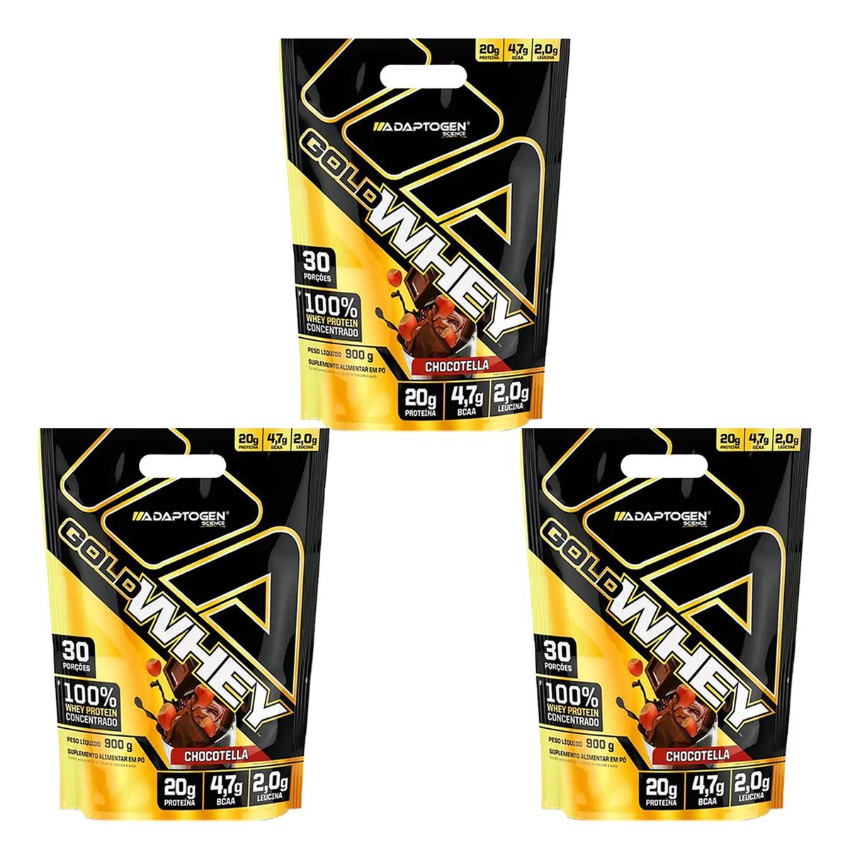 Kit 3X Gold Whey - 900g Refil Chocotella - Adaptogen