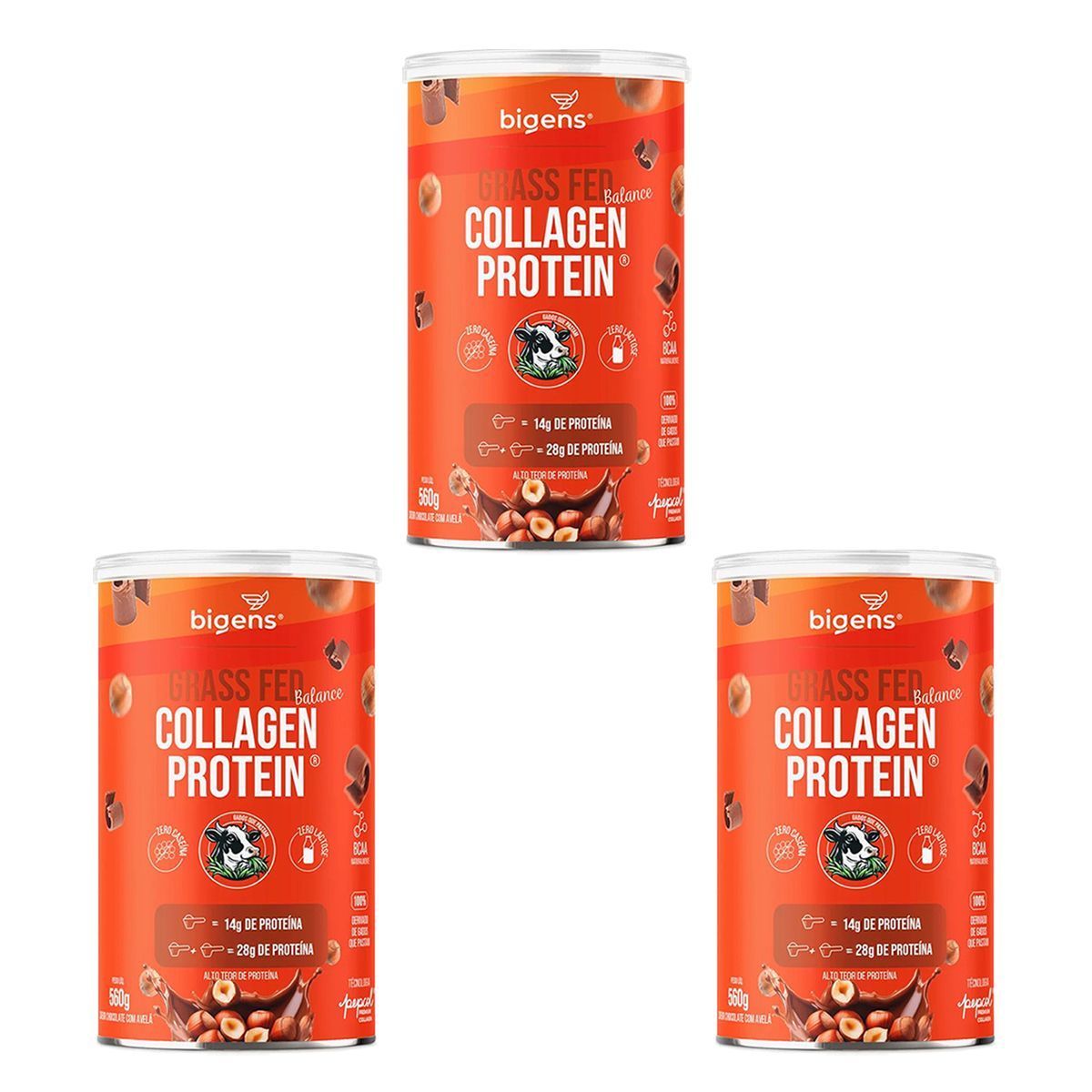 Kit 3X Grass Fed Balance Collagen Protein - 560g Chocolate com Avel� - Bigens