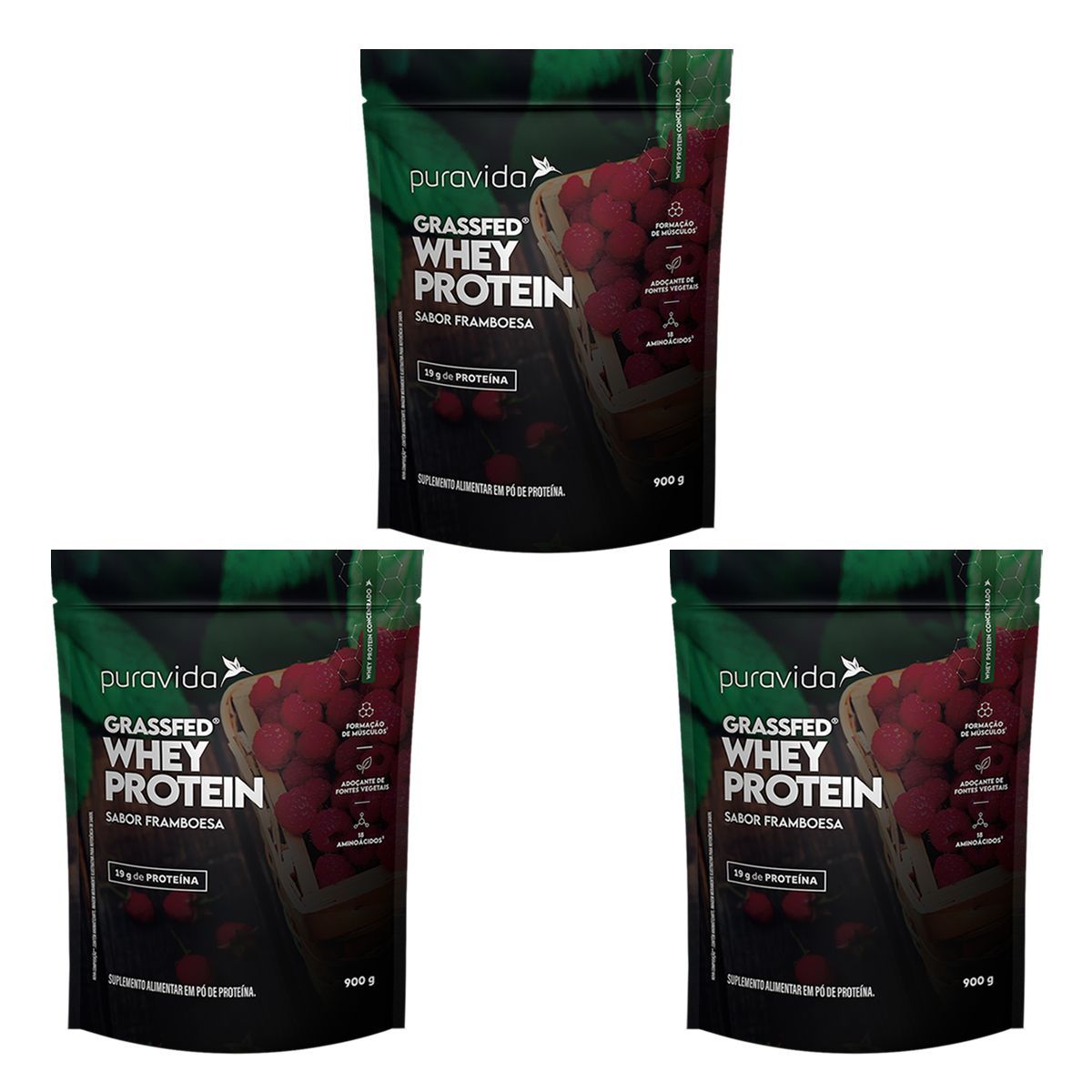 Kit 3X Grassfed Whey Protein - Refil 900g Framboesa - Pura Vida