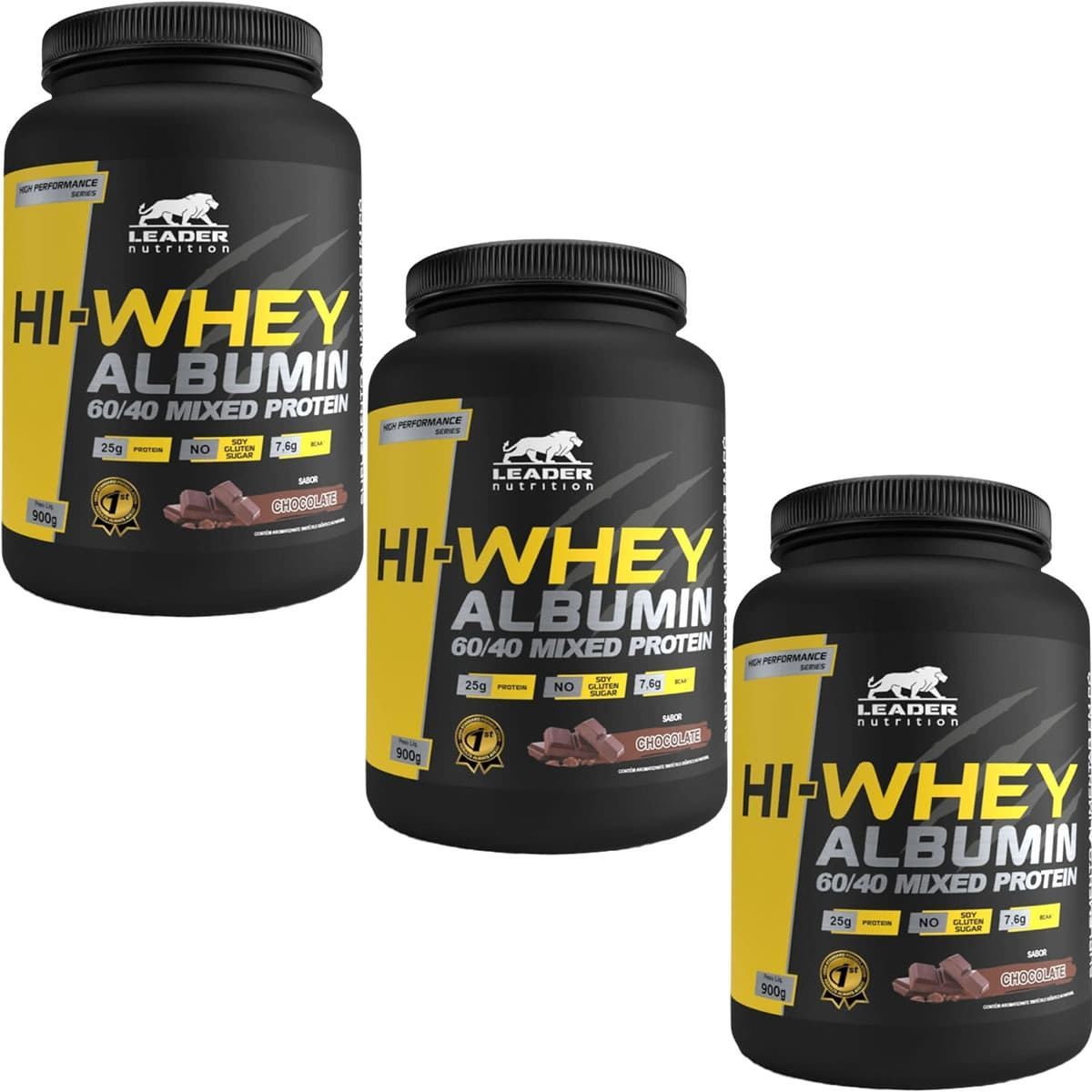 Kit 3X Hi-Whey Albumin 60/40 Mixed Protein - 900g Chocolate - Leader Nutrition