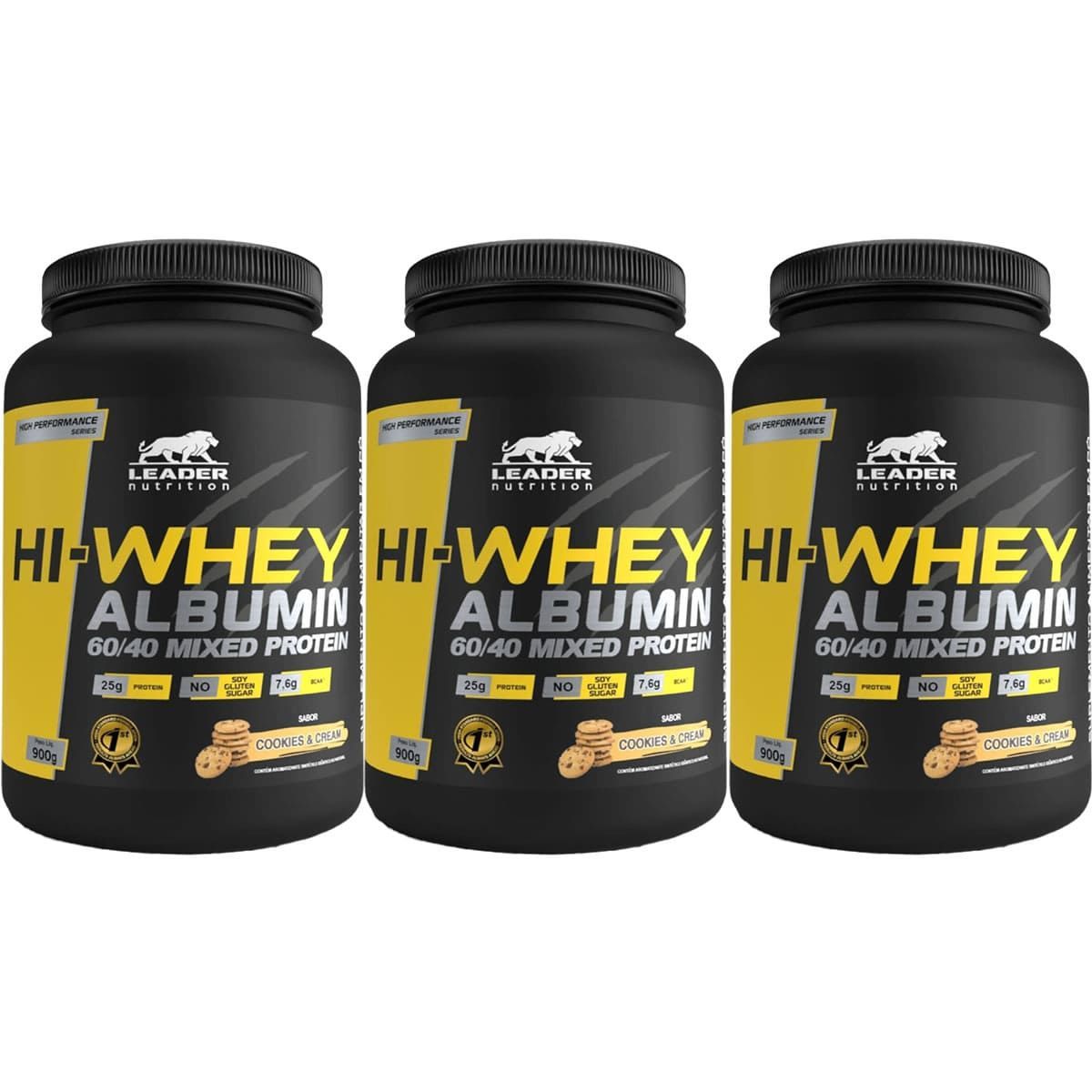 Kit 3X Hi-Whey Albumin 60/40 Mixed Protein - 900g Cookies e Cream - Leader Nutrition