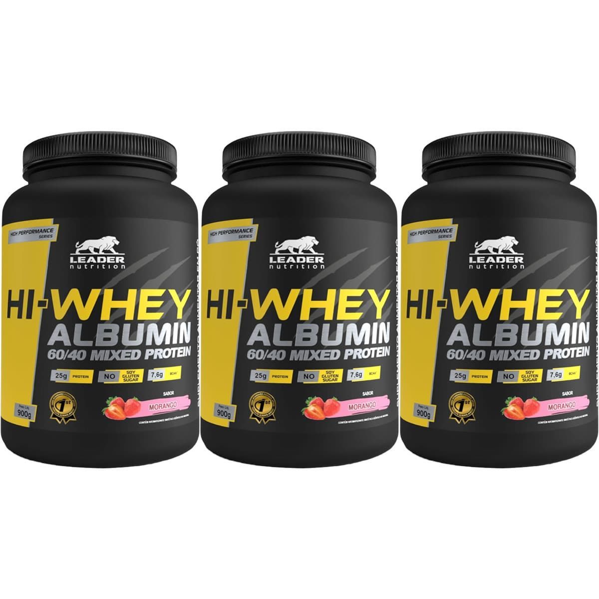 Kit 3X Hi-Whey Albumin 60/40 Mixed Protein - 900g Morango - Leader Nutrition