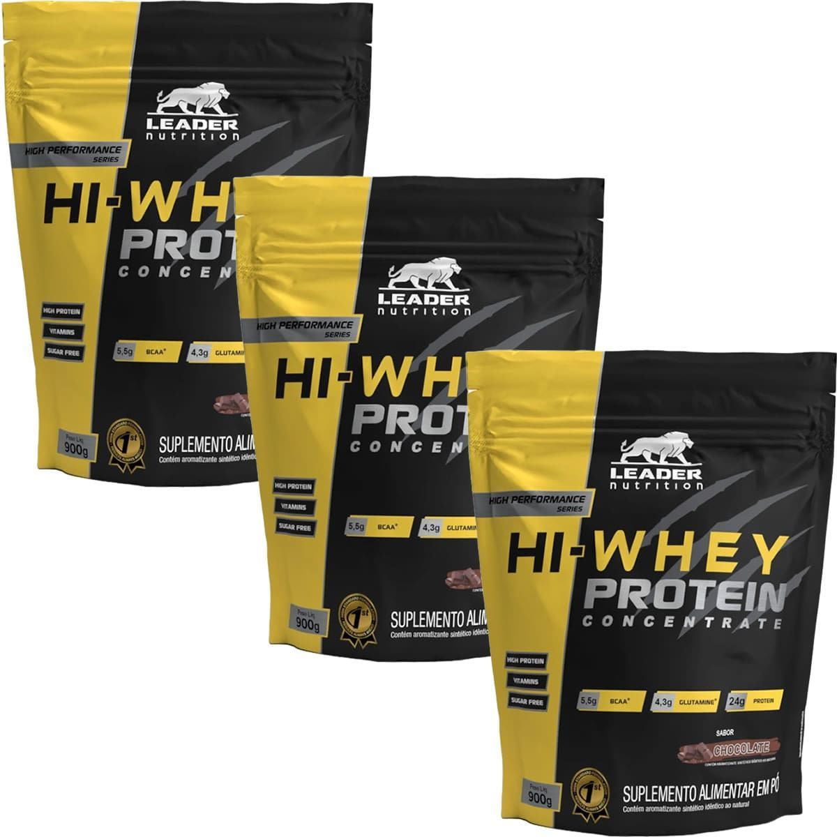 Kit 3X Hi-Whey Protein Concentrate 100% - 900g Refil Chocolate - Leader Nutrition