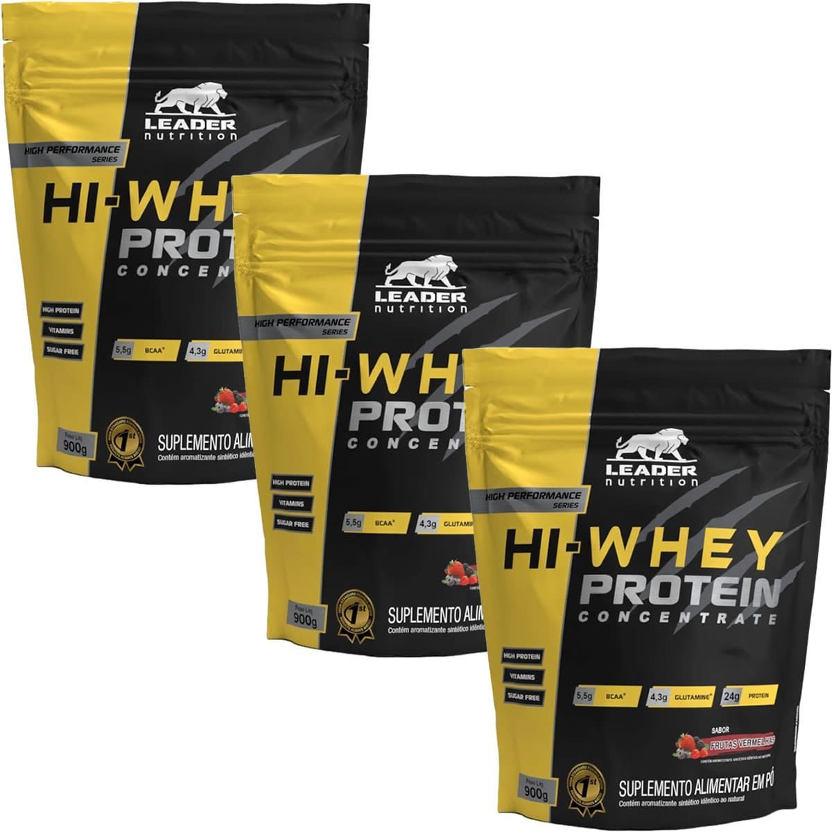 Kit 3X Hi-Whey Protein Concentrate 100% - 900g Refil Frutas Vermelhas - Leader Nutrition