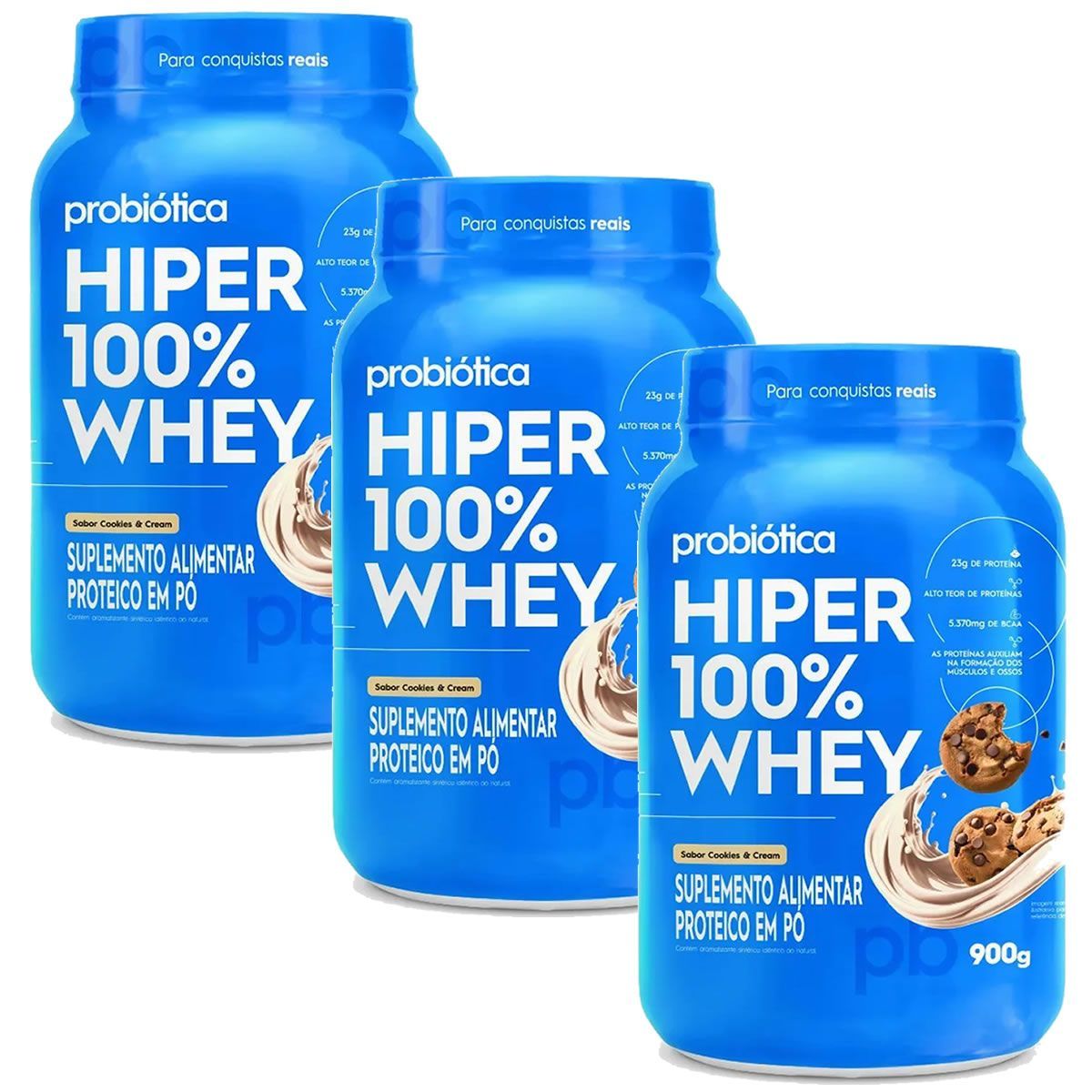 Kit 3X Hiper 100% Whey - 900g Cookies & Cream - Probiotica