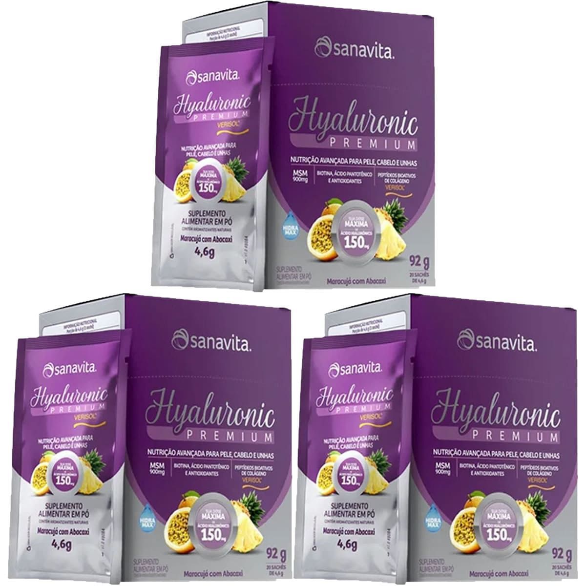 Kit 3X Hyaluronic Premium Verisol - 20 Sticks de 4,6g Maracuj� com Abacaxi - Sanavita