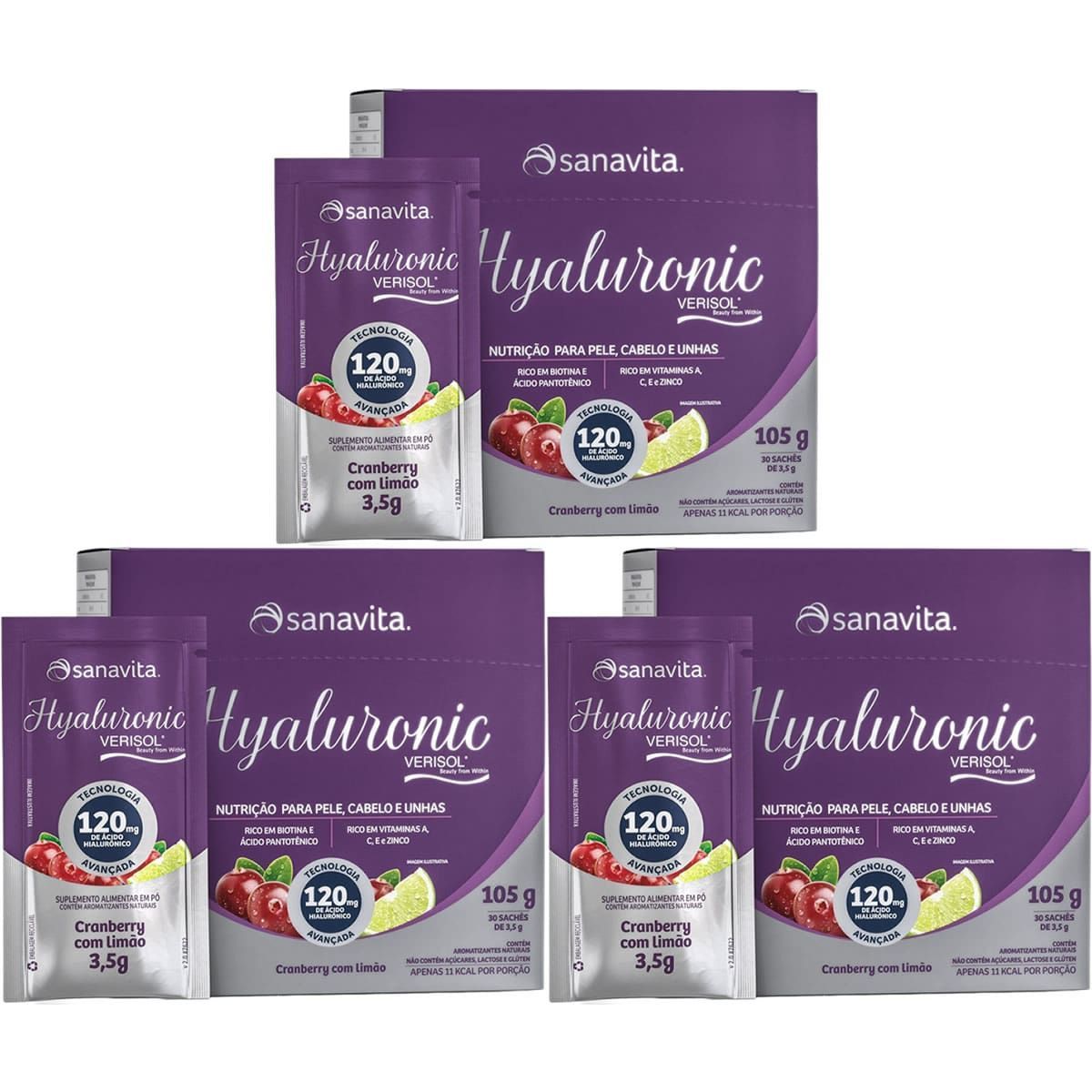 Kit 3X Hyaluronic Verisol 120mg - 30 Sticks de 3,5g Cranberry com Lim�o - Sanavita