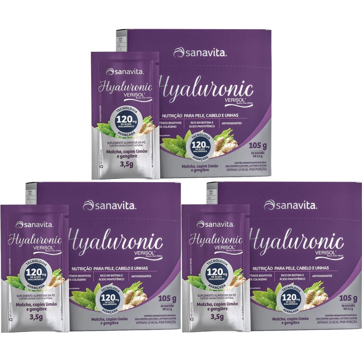 Kit 3X Hyaluronic Verisol 120mg - 30 Sticks de 3,5g Matacha, Capim Lim�o e Gengibre - Sanavita