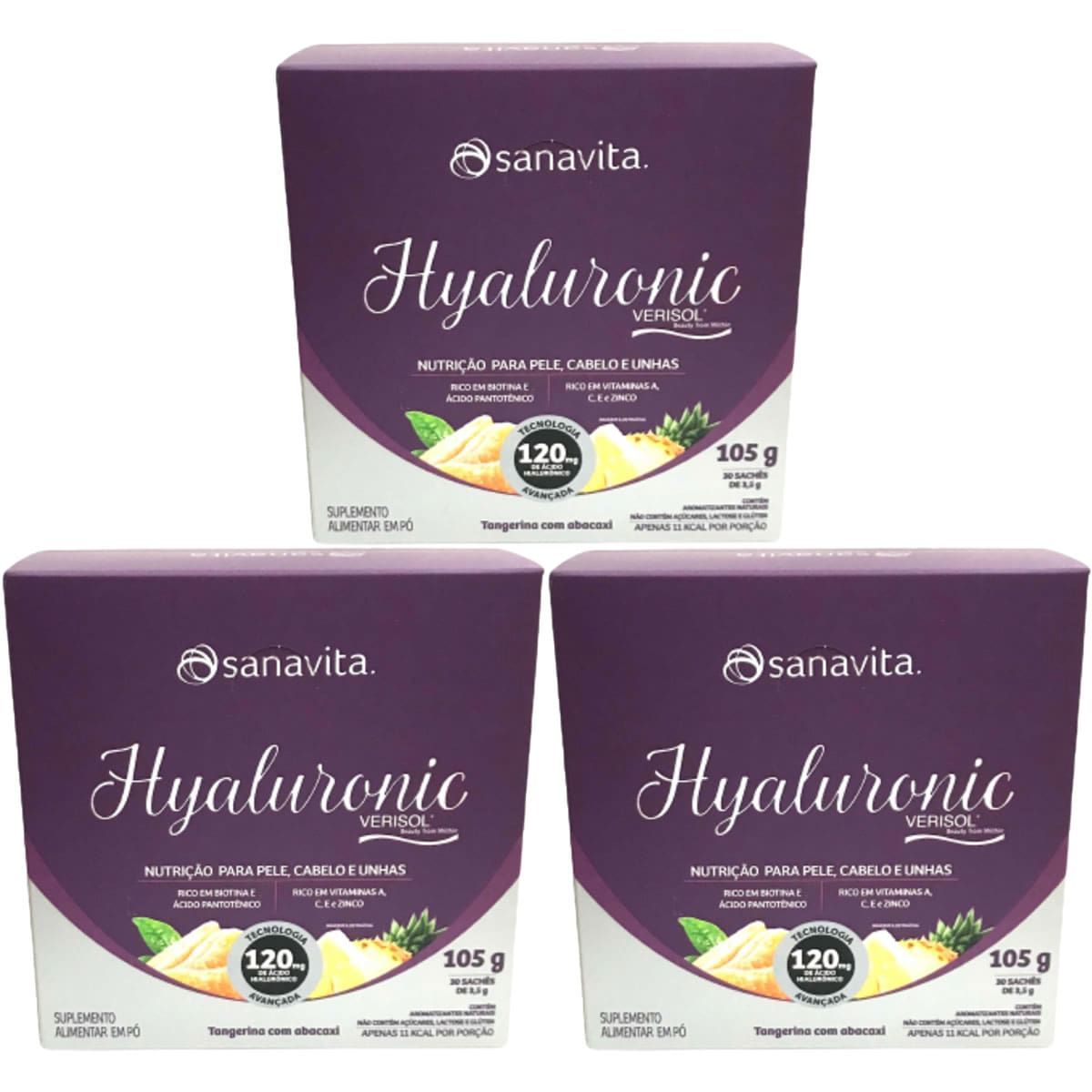 Kit 3X Hyaluronic Verisol 120mg - 30 Sticks de 3,5g Tangerina com Abacaxi - Sanavita