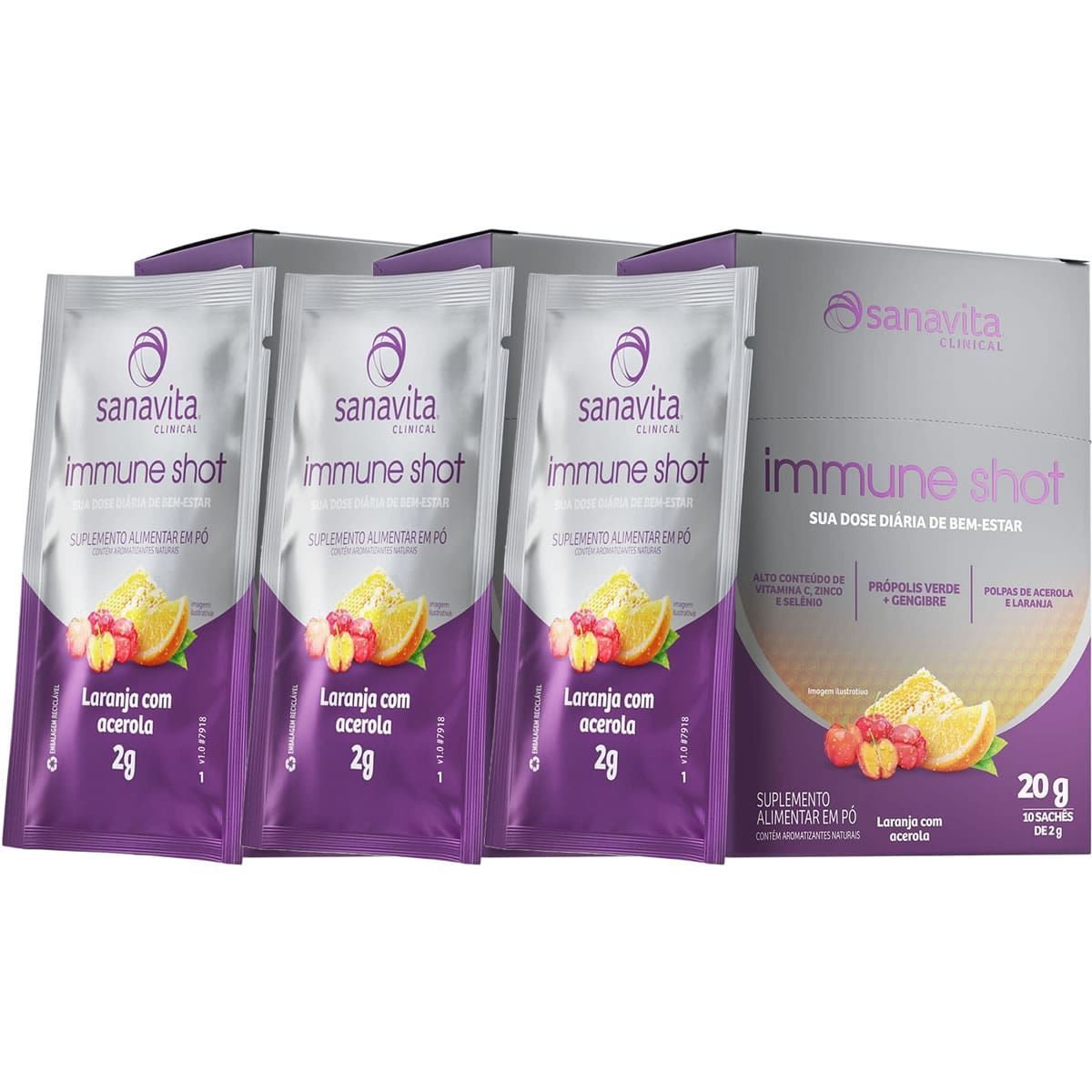 Kit 3X Immune Shot - 10 Sach�s de 2g Laranja com Acerola - Sanavita