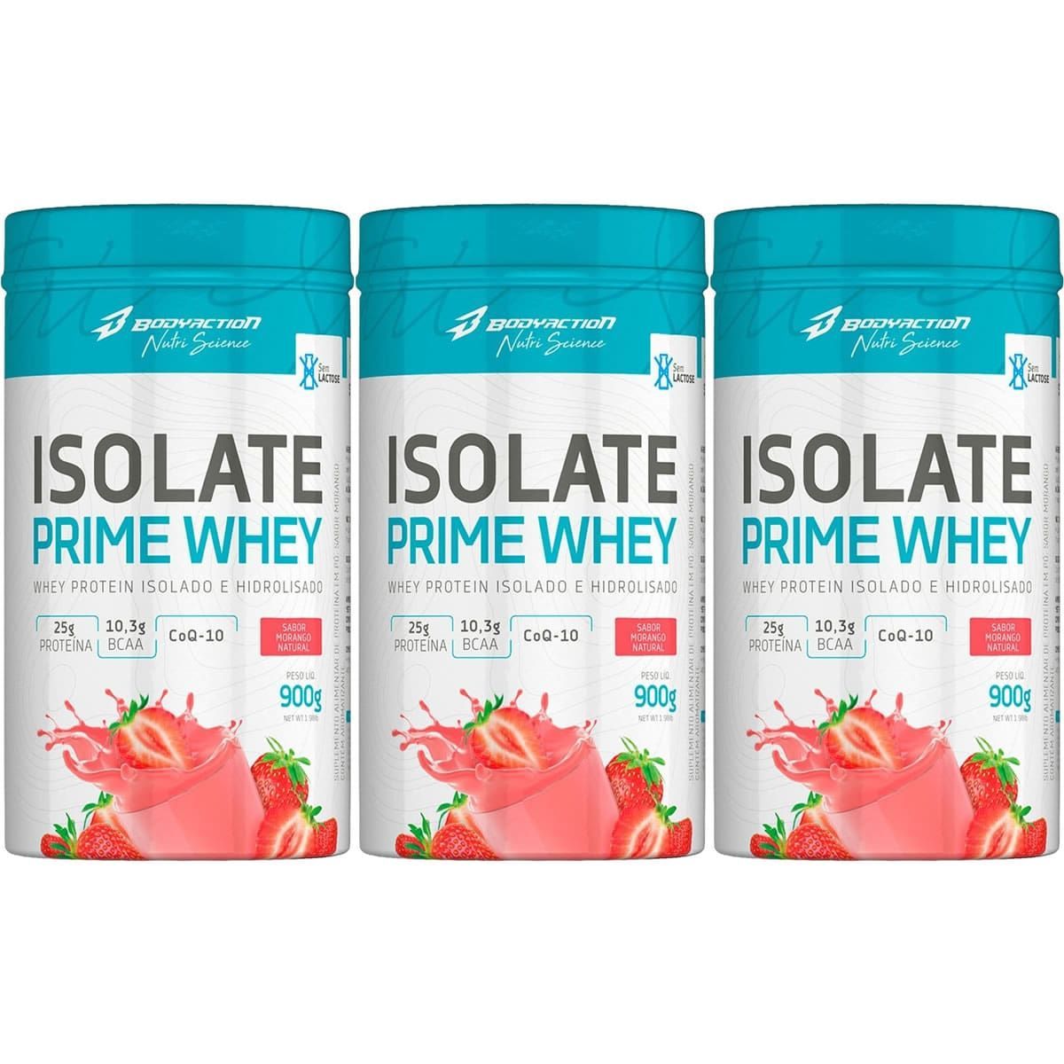 Kit 3X Isolate Prime Whey  - 900g Morango Natural - BodyAction