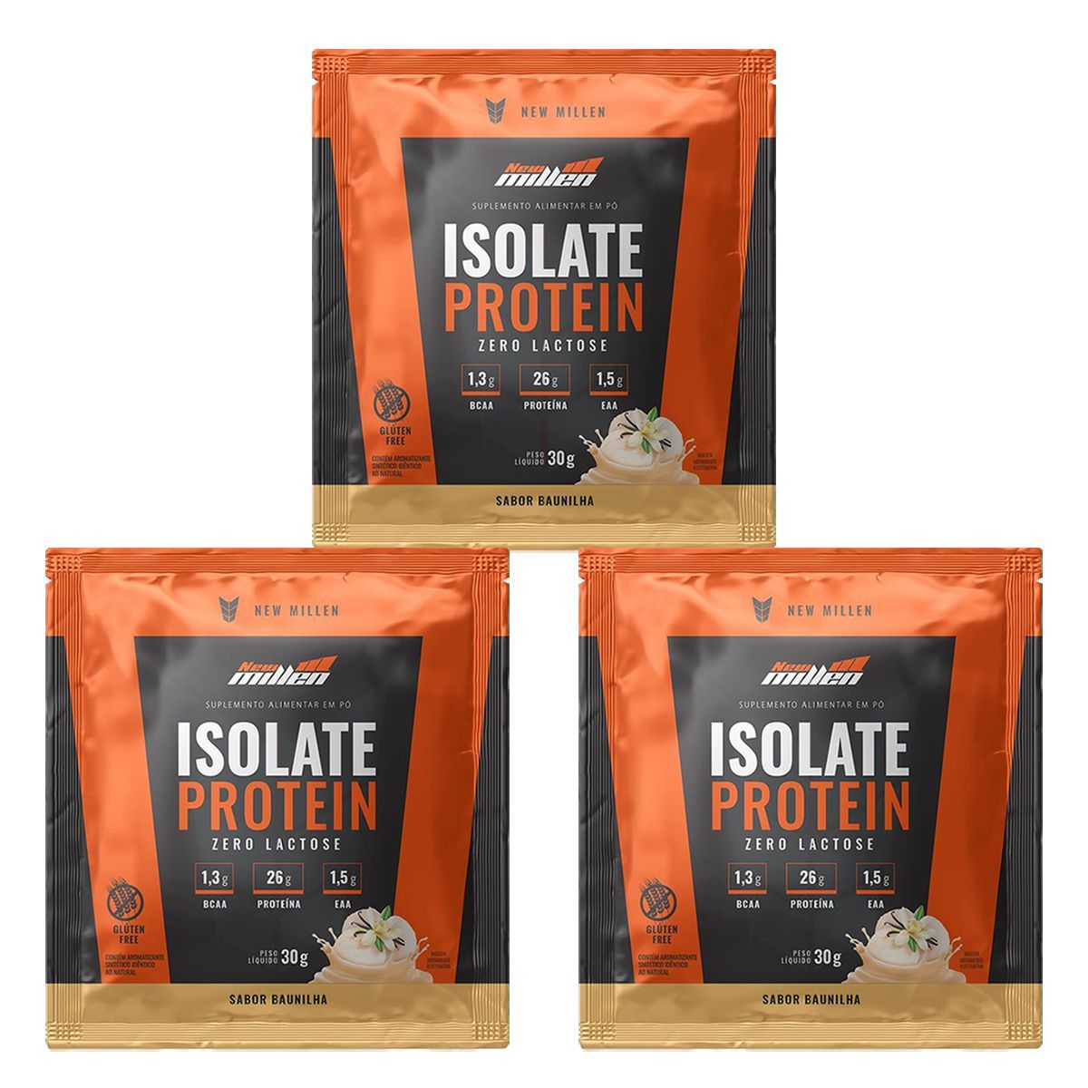 Kit 3X Isolate Protein Zero Lactose - 1 Sach� de 30g Baunilha - New Millen