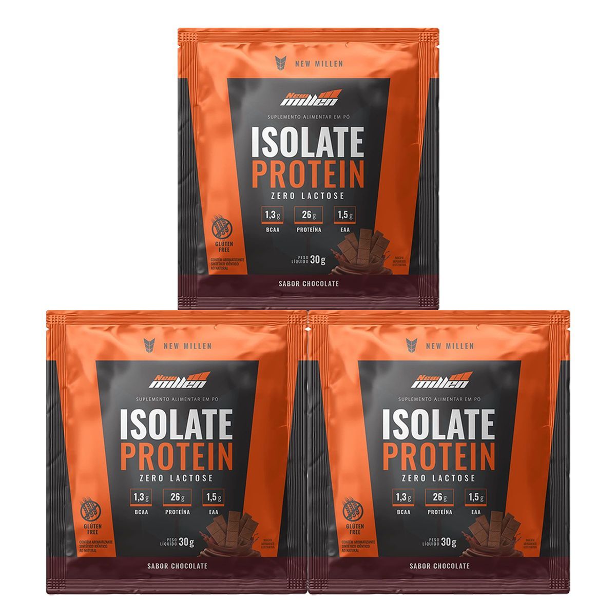 Kit 3X Isolate Protein Zero Lactose - 1 Sach� de 30g Chocolate - New Millen