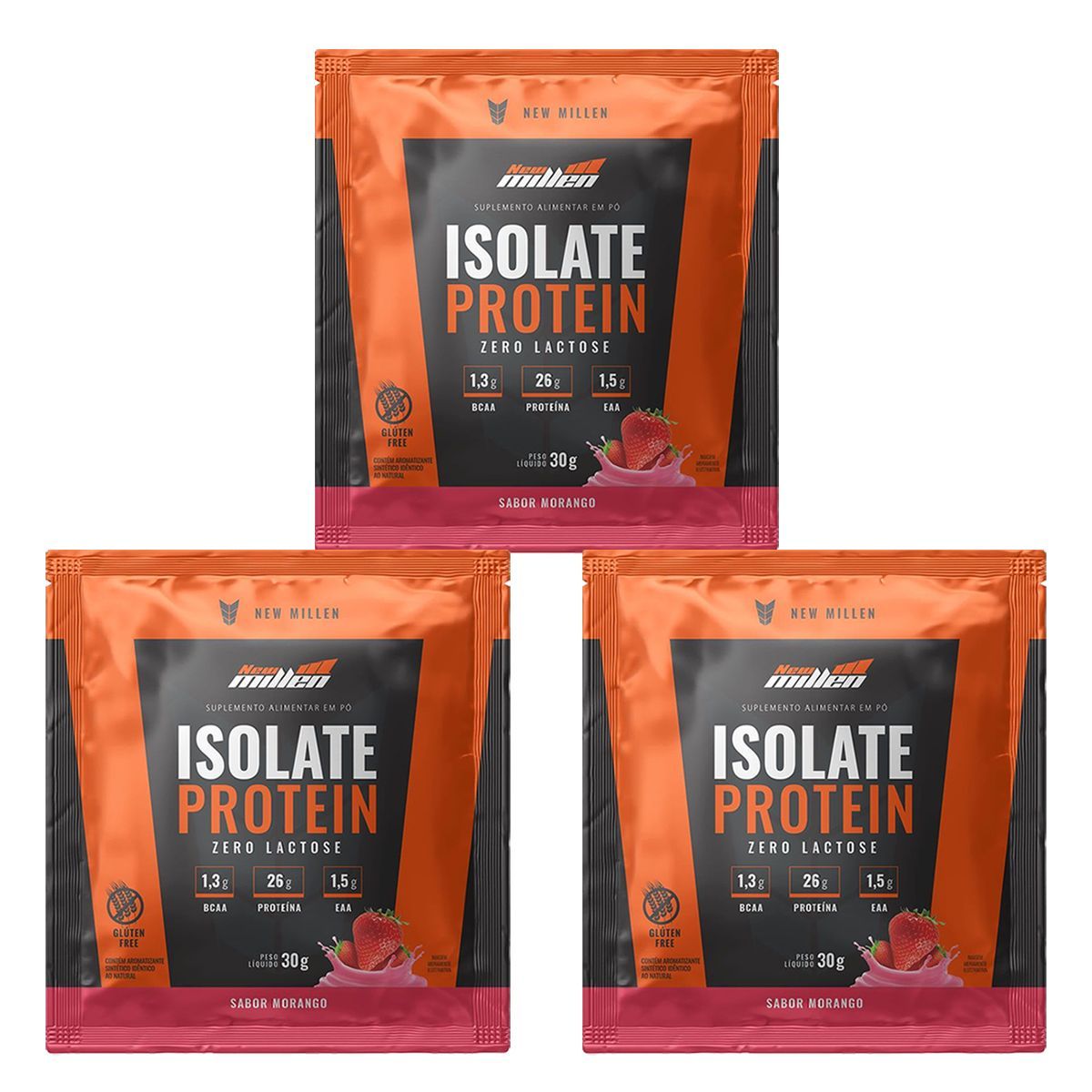 Kit 3X Isolate Protein Zero Lactose - 1 Sach� de 30g Morango - New Millen