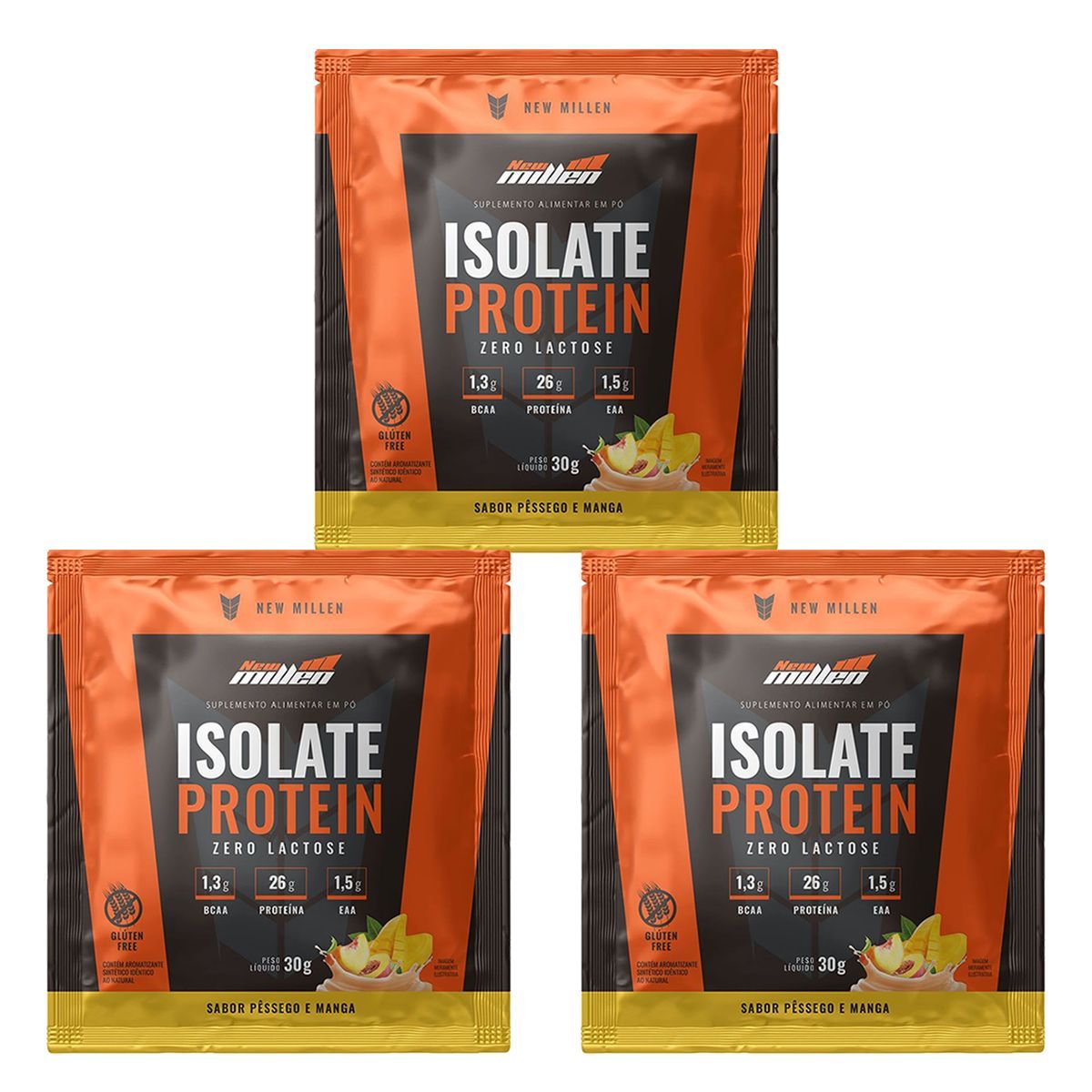 Kit 3X Isolate Protein Zero Lactose - 1 Sach� de 30g P�ssego e Manga - New Millen