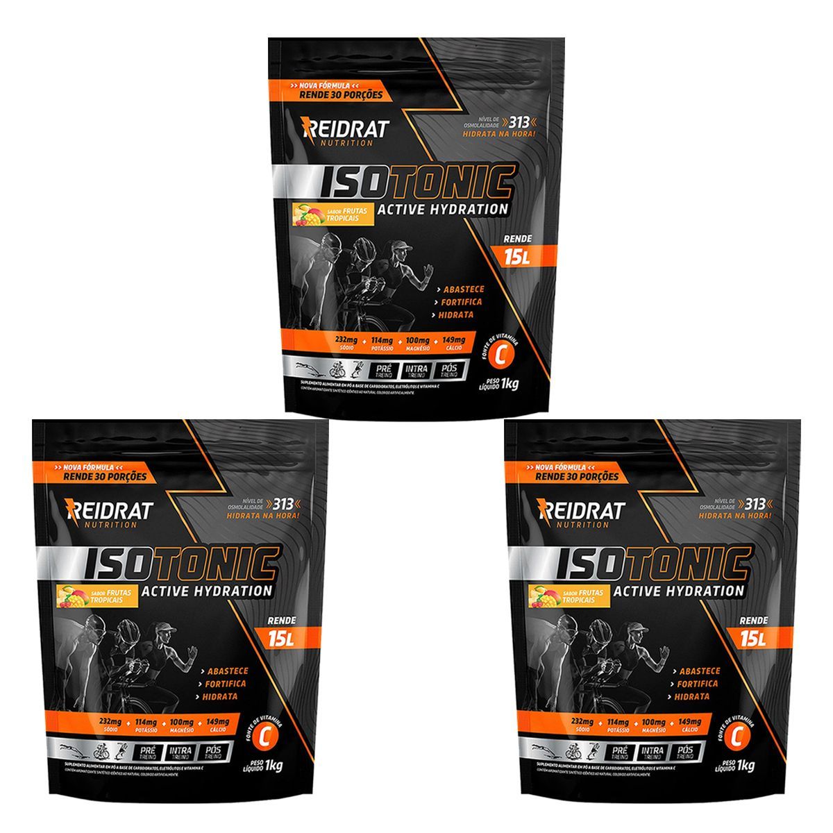 Kit 3X Isotonic Active Hydration - 1000g Frutas Tropicais - Reidrat