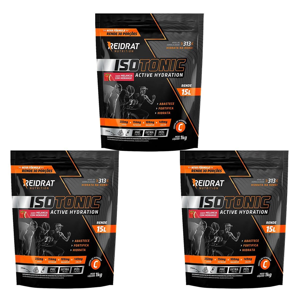 Kit 3X Isotonic Active Hydration - 1000g Melancia com Morango - Reidrat	