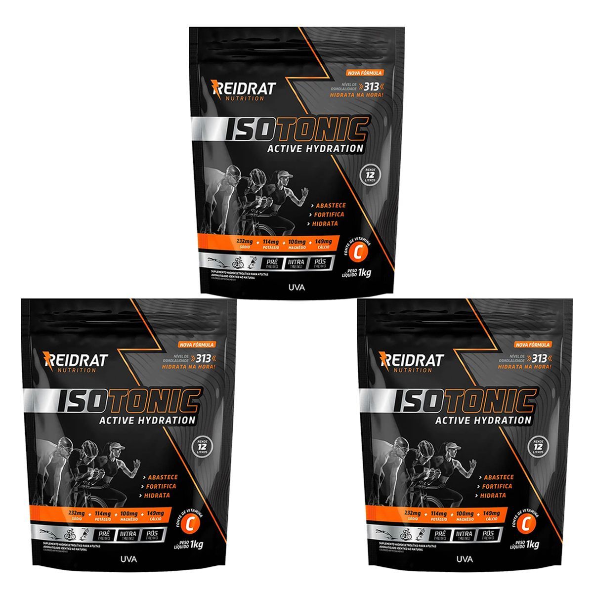 Kit 3X Isotonic Active Hydration - 1000g Refil Uva - Reidrat
