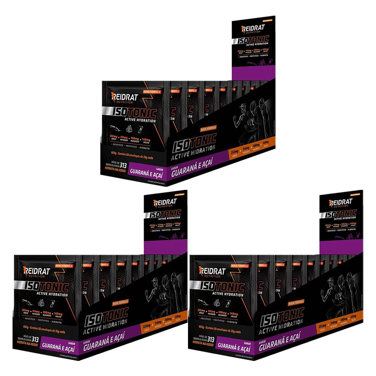 Kit 3X Isotonic Active Hydration - 20 Sach�s de 33g Guaran� com A�a� - Reidrat