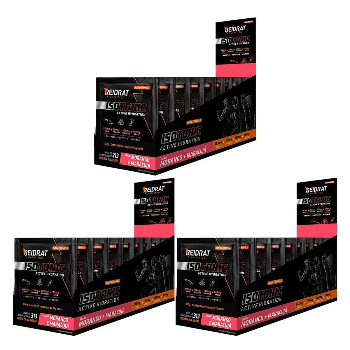 Kit 3X Isotonic Active Hydration - 20 Sach�s de 33g Morango e Maracuj� - Reidrat
