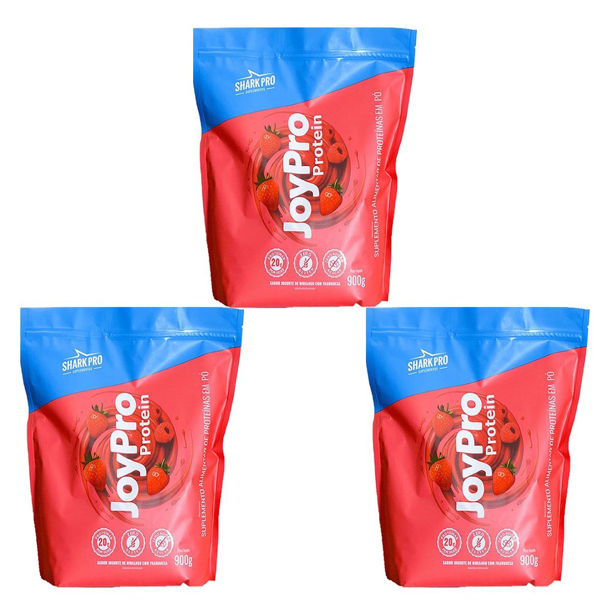 Kit 3X JoyPro Protein - Refil 900g Iogurte de Morango com Framboesa - Shark Pro