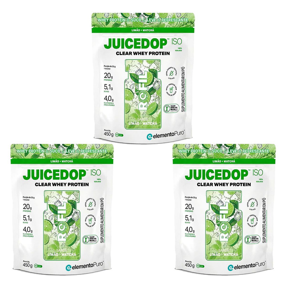 Kit 3X JuiceDop X - Refil 450g Lim�o Com Matcha - ElementoPuro