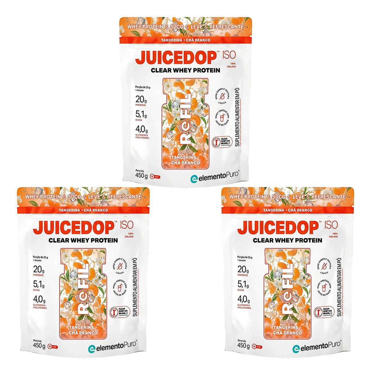 Kit 3X JuiceDop X - Refil 450g Tangerina Com Ch� Branco - ElementoPuro