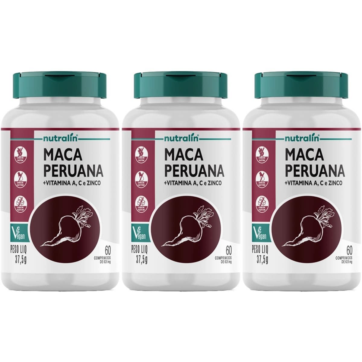 Kit 3X Maca Peruana com Vitamina A, C e Zinco - 60 Comprimidos - Nutralin