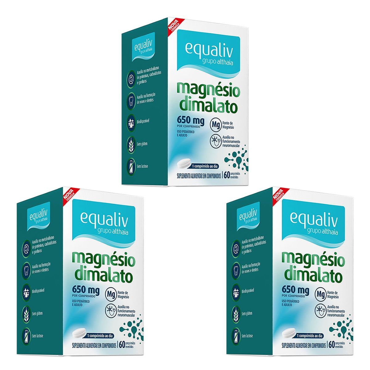 Kit 3X Magn�sio Dimalato - 60 Comprimidos - Equaliv