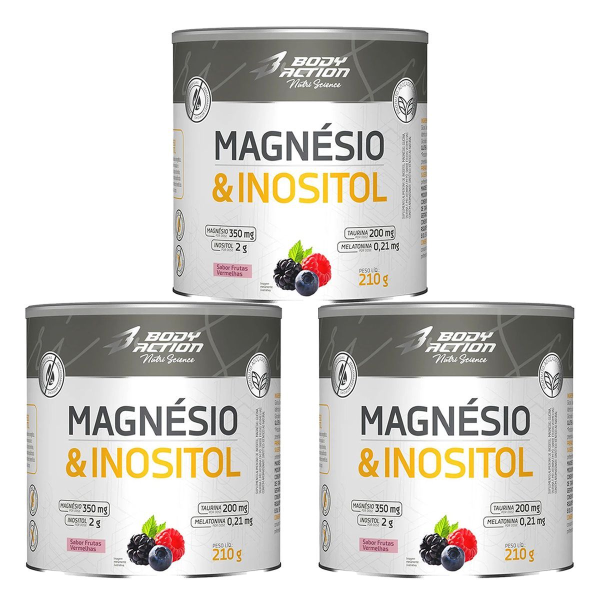 Kit 3X Magnesio & Inositol - 210g Frutas Vermelhas - Body Action