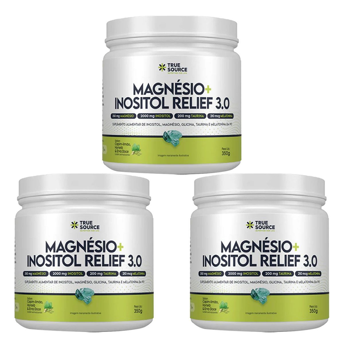 Kit 3X Magnesio + Inositol Relief 3.0 - 350g Capim Lim�o, Hortela e Erva Doce - True Source