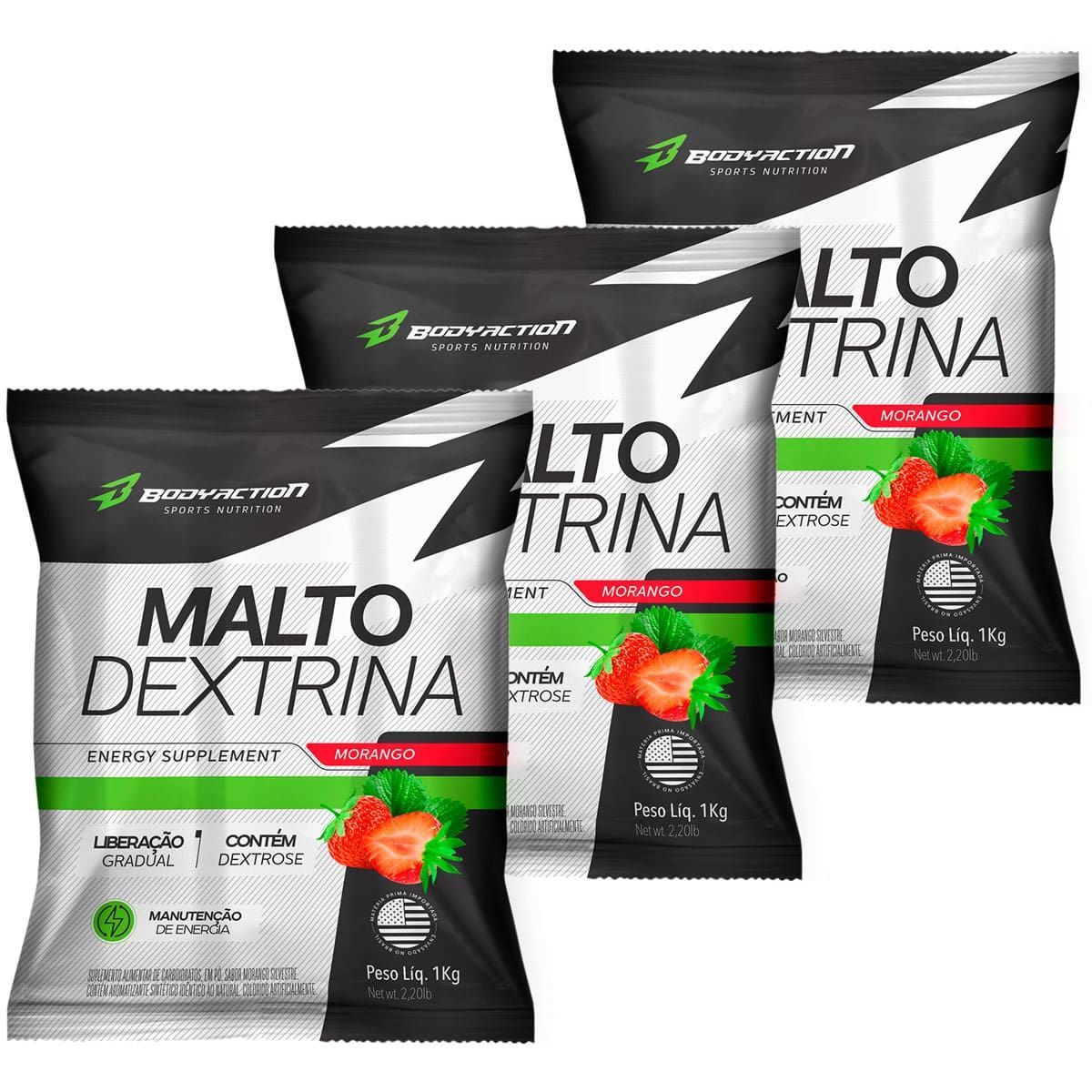 Kit 3X Malto Dextrin - 1000g Refil Morango Silvestre - BodyAction