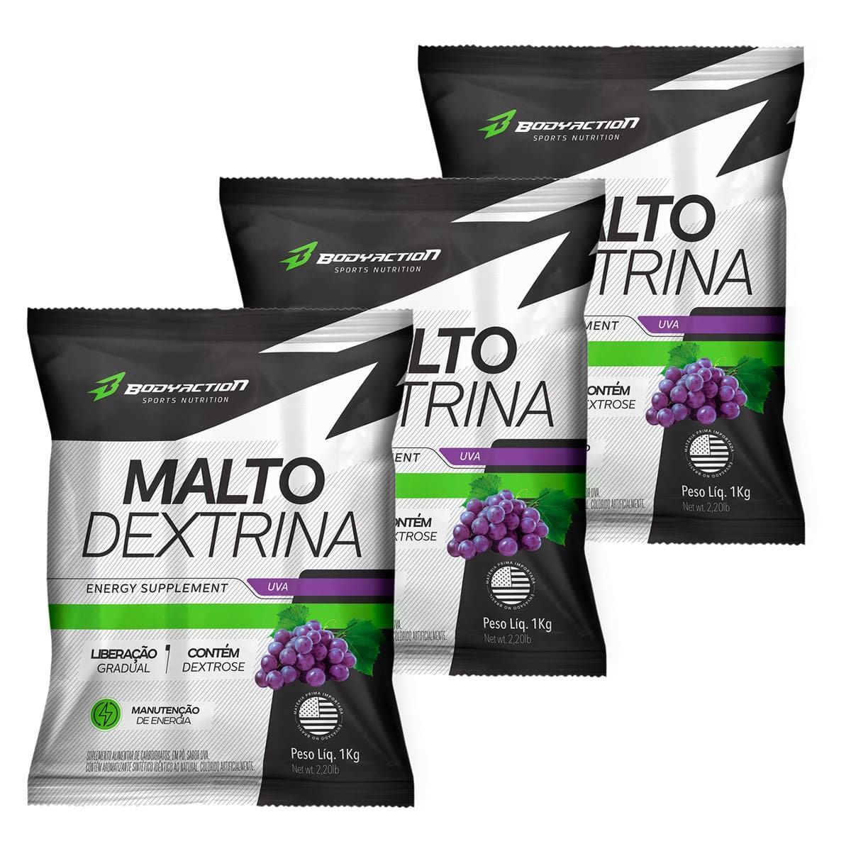 Kit 3X Malto Dextrin - 1000g Refil Uva - BodyAction