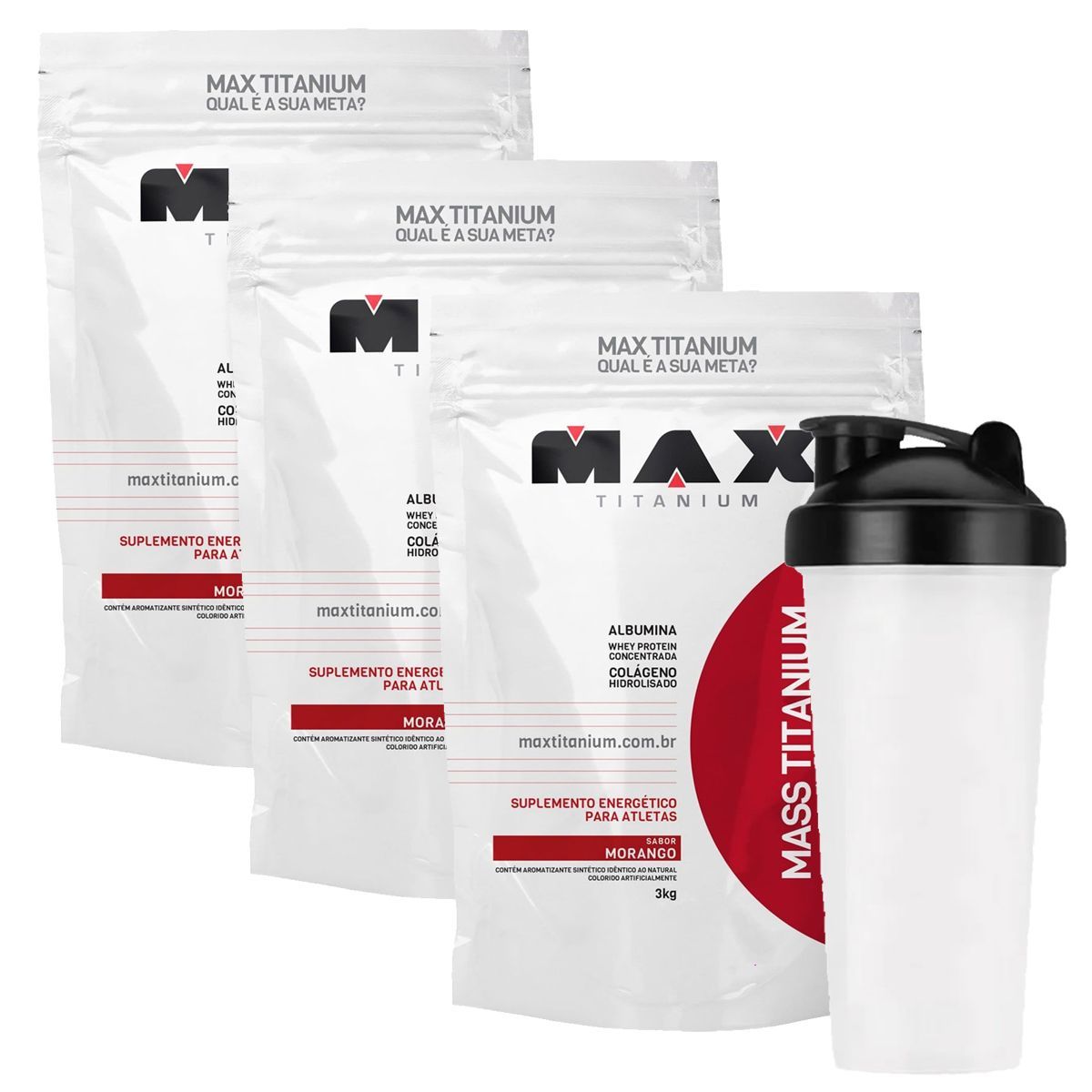 Kit 3X Mass 17500 3 Kg Refil Morango + Coqueteleira - Max Titanium
