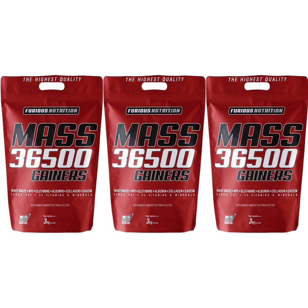 Kit 3X Mass 36500 Gainers - 3000g Morango - Furious Nutrition