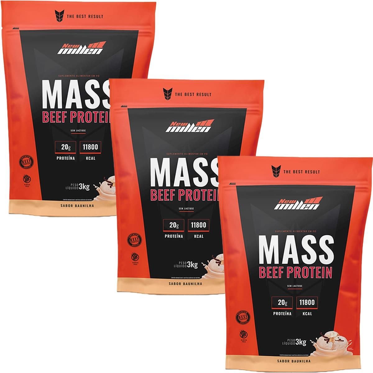Kit 3X Mass Beef Protein - 3000g Refil Baunilha - New Millen