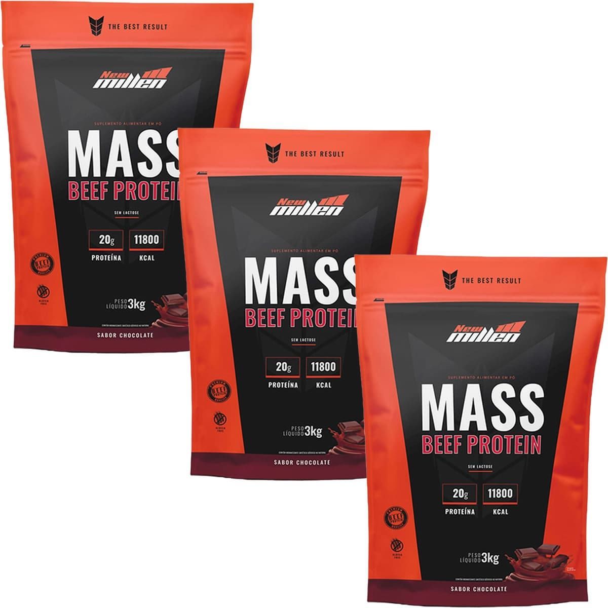Kit 3X Mass Beef Protein - 3000g Refil Chocolate - New Millen