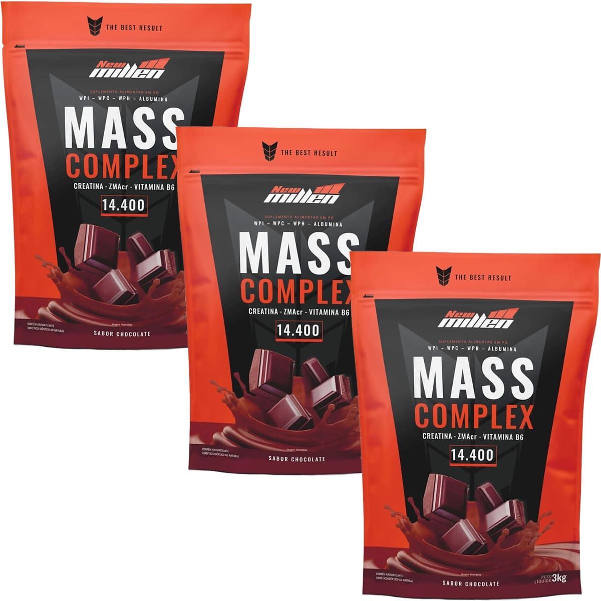 Kit 3X Mass Complex - 3000g Refil Chocolate - New Millen