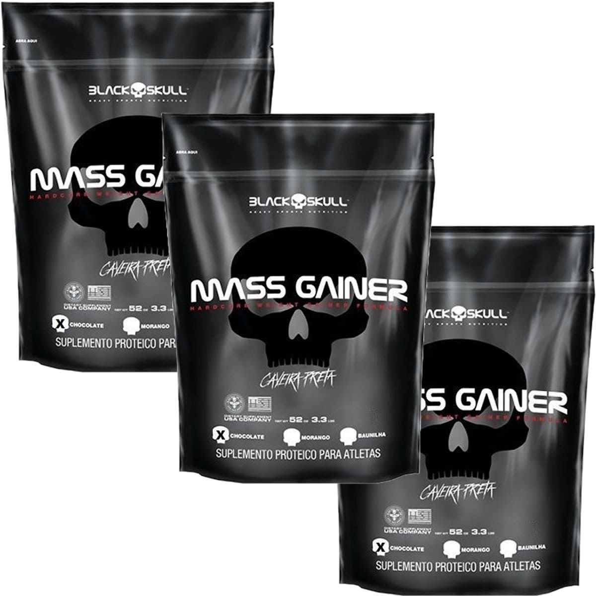 Kit 3X Mass Gainer - 3000g Refil Chocolate - Black Skull