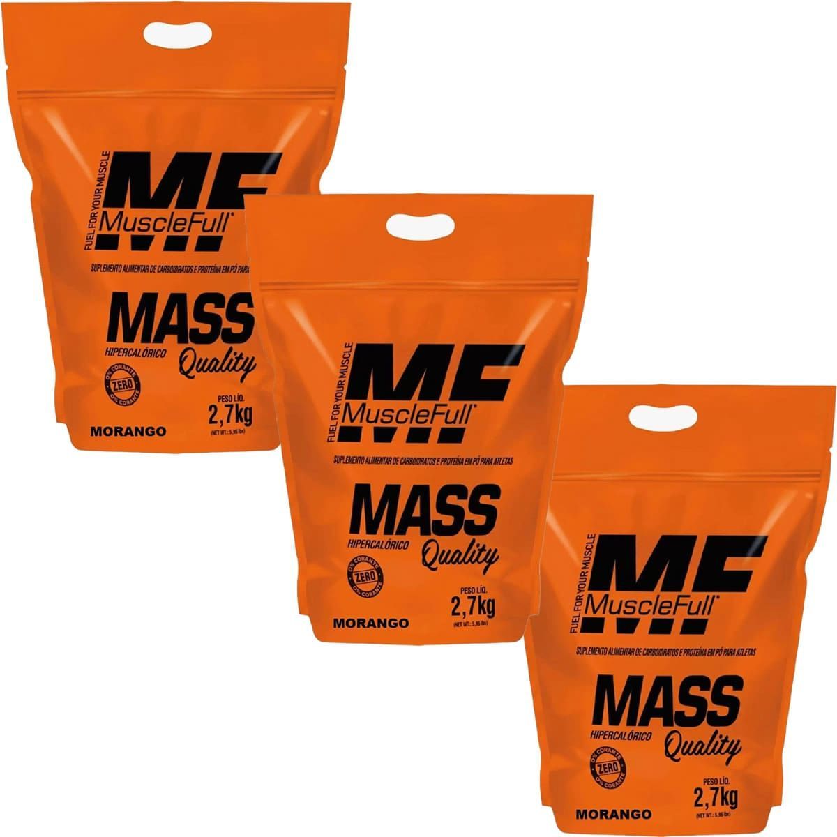 Kit 3X Mass Quality - 2700g Refil Morango - MuscleFull