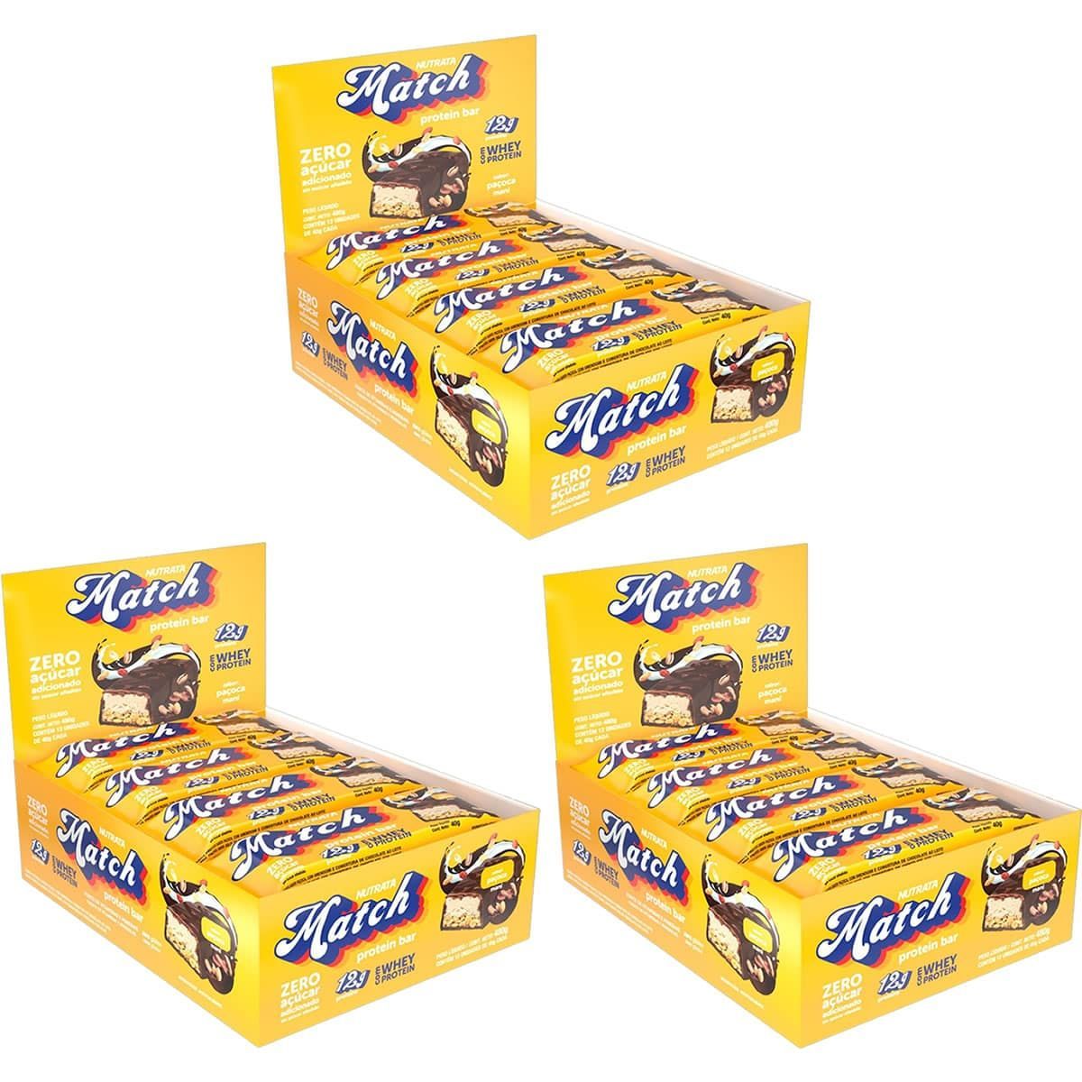 Kit 3X Match Protein Bar - 12 Unidades 40g Pa�oca - Nutrata