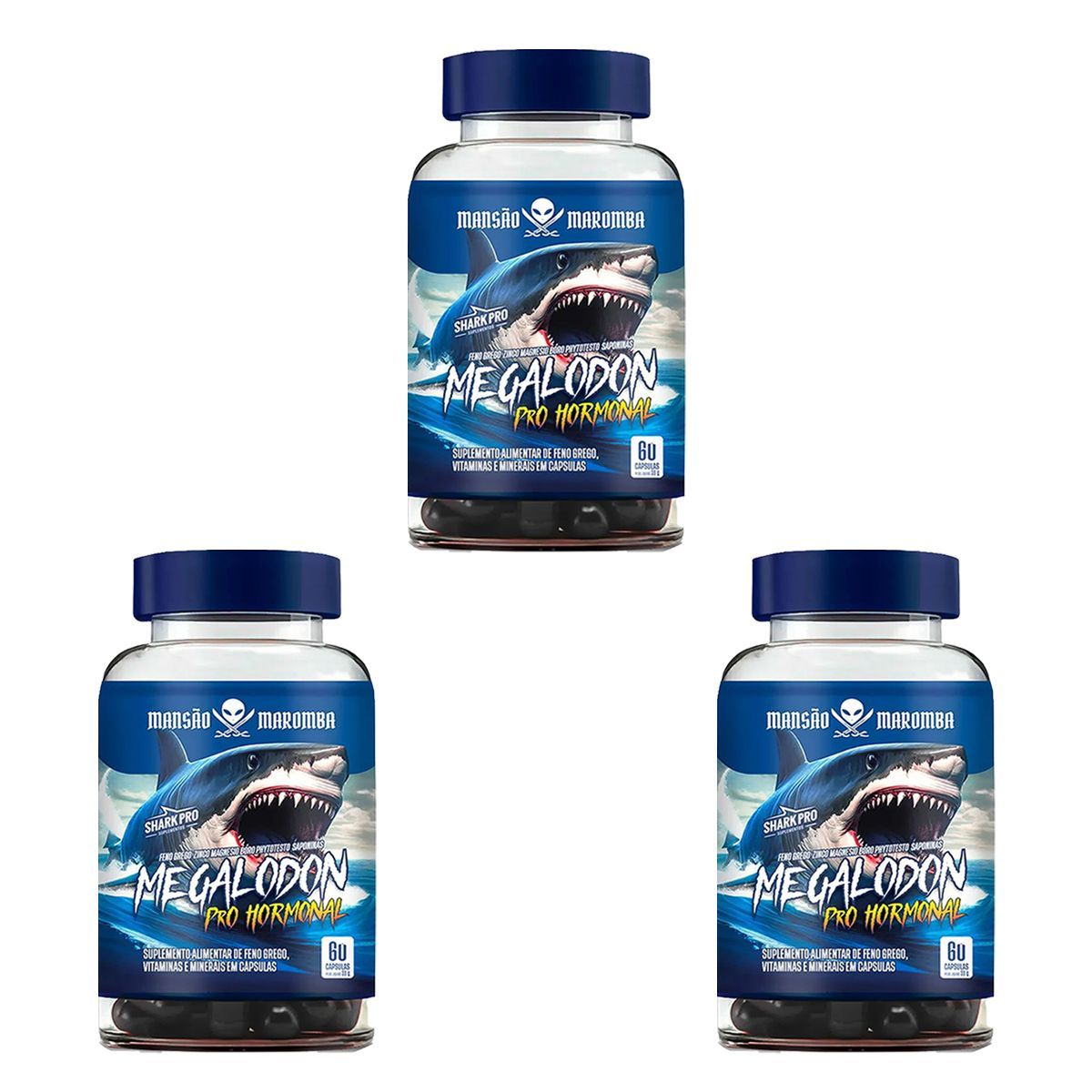 Kit 3X Megalodom Mans�o Maromba - 60 C�psulas - Shark Pro