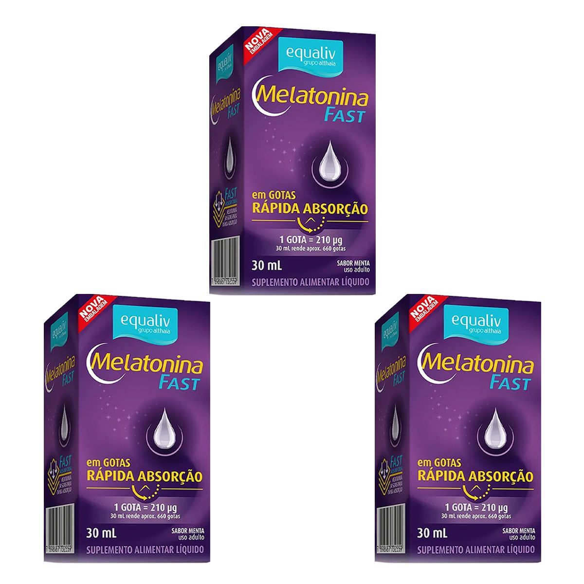 Kit 3X Melatonina Fast Gotas - 30ml Menta - Equaliv
