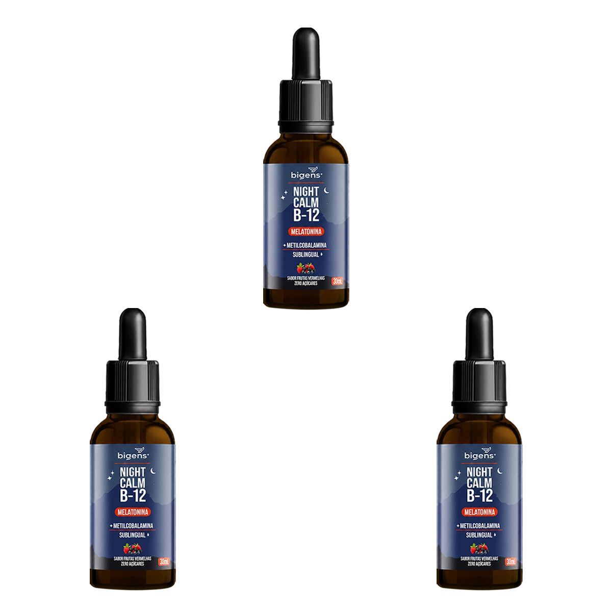 Kit 3X Melatonina Night Calm + B12 - 30ml Frutas Vermelhas - Bigens