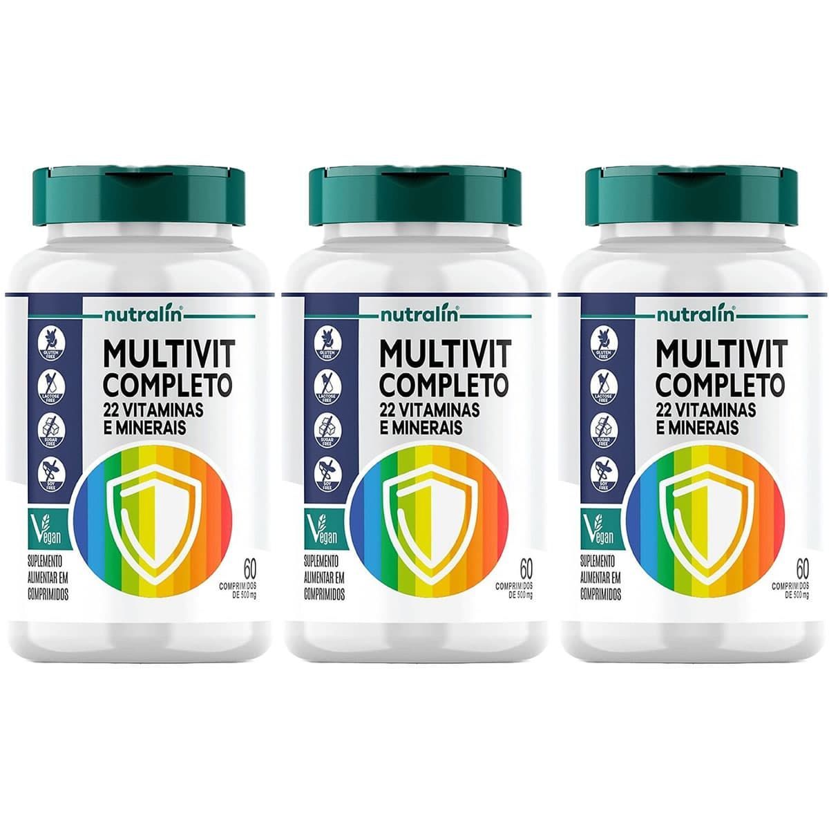 Kit 3X Multivit Completo 22 Vitaminas e Minerais Vegano - 60 Comprimidos - Nutralin