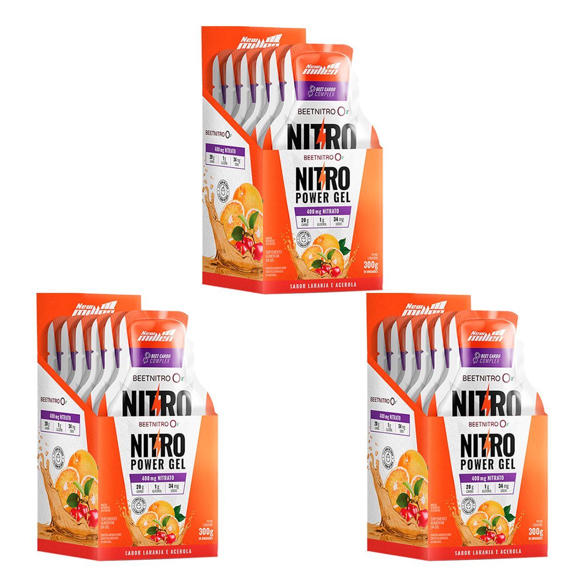 Kit 3X Nitro Power Gel  - 10 Sach�s Laranja com Acerola - New Millen