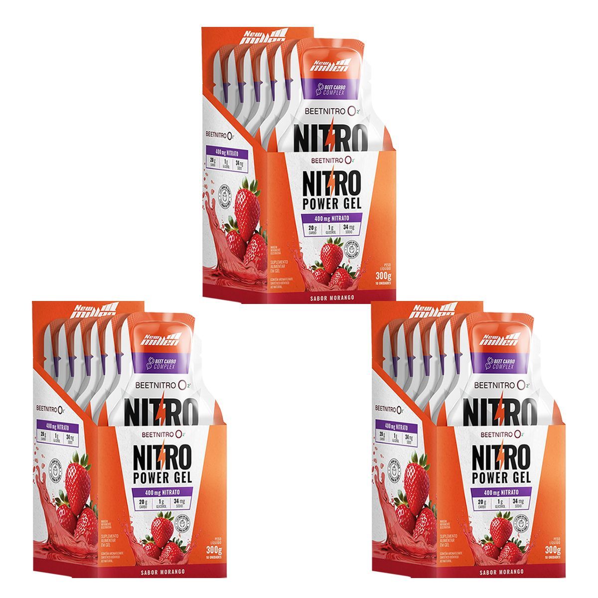 Kit 3X Nitro Power Gel  - 10 Sach�s Morango - New Millen